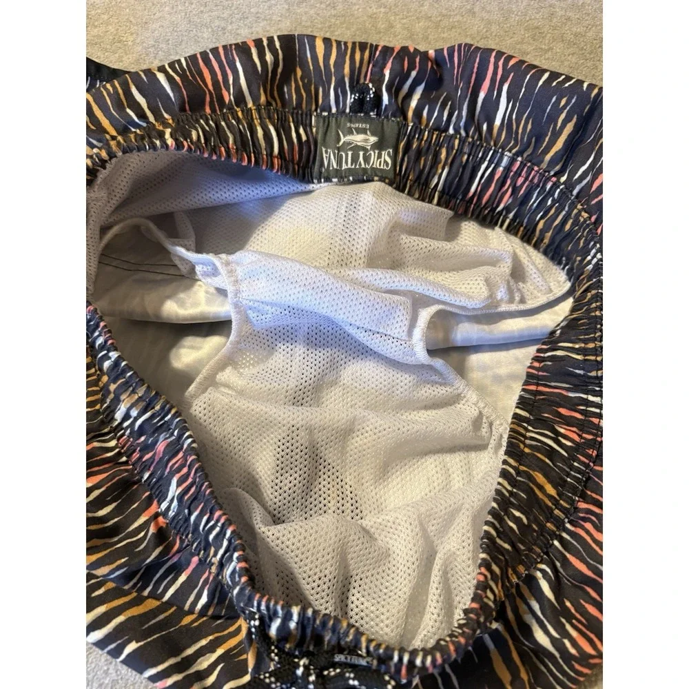 Men's Spicy Tuna Swim Trunks Boardshorts Large Black Striped Lined Pockets Beach